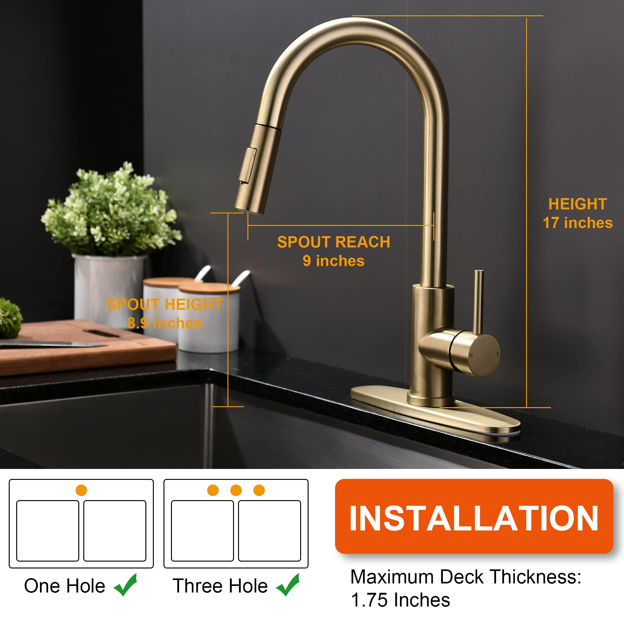 Tohlar Gold Kitchen Faucets With Pull-Down Sprayer, Modern Kitchen Sink Faucet Stainless Steel Single Handle Kitchen Faucet With
